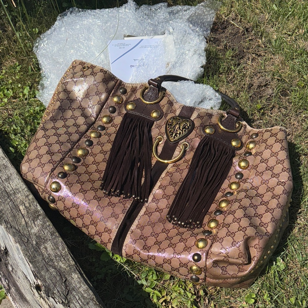 Gucci Babouska Heart Beige Ebony Crystal Canvas Tote Bag EUC - Picture 11 of 15